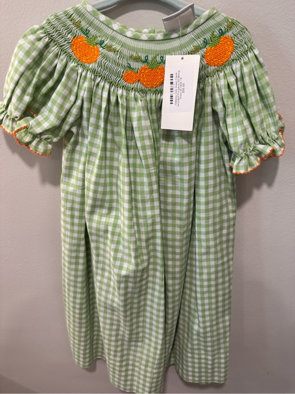 Green Gingham Pumpkin Smocked Kids Costume Dress